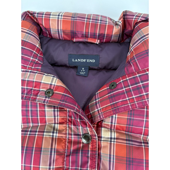 EUC Lands End Down Puffer Vest Womens SMALL Red Plaid Feather insulated Jacket - Picture 7 of 9